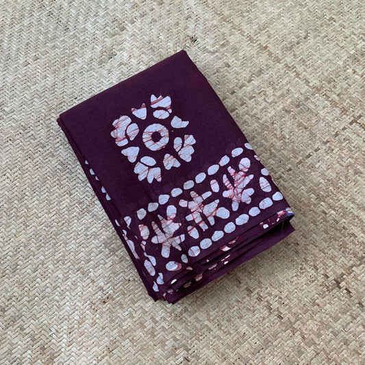 Mul Mul Cotton saree, Block Printed Maroon