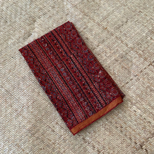 Red , Natural Dyeing Ajrak Hand Block Printed Zari Checks Cotton Blouse Fabric
