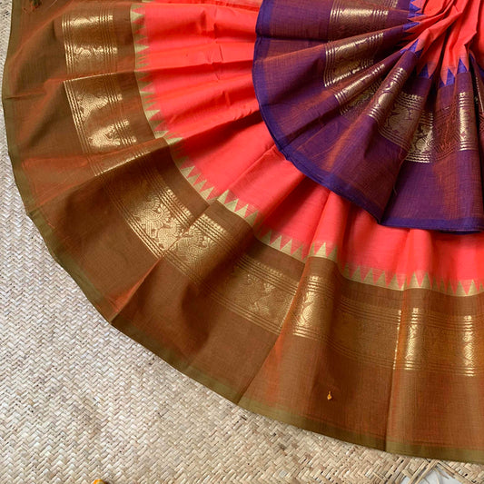 Chettinad Cotton Saree, Pink Double Tone Saree with Olive Green Ganga Jamuna Border