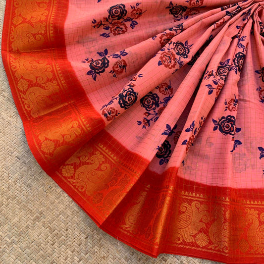 Zari gold Kattam block print, Pink with orange