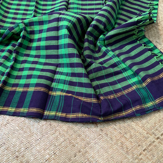 Green with Blue Checks, Hand Woven Daily Use Cotton Saree