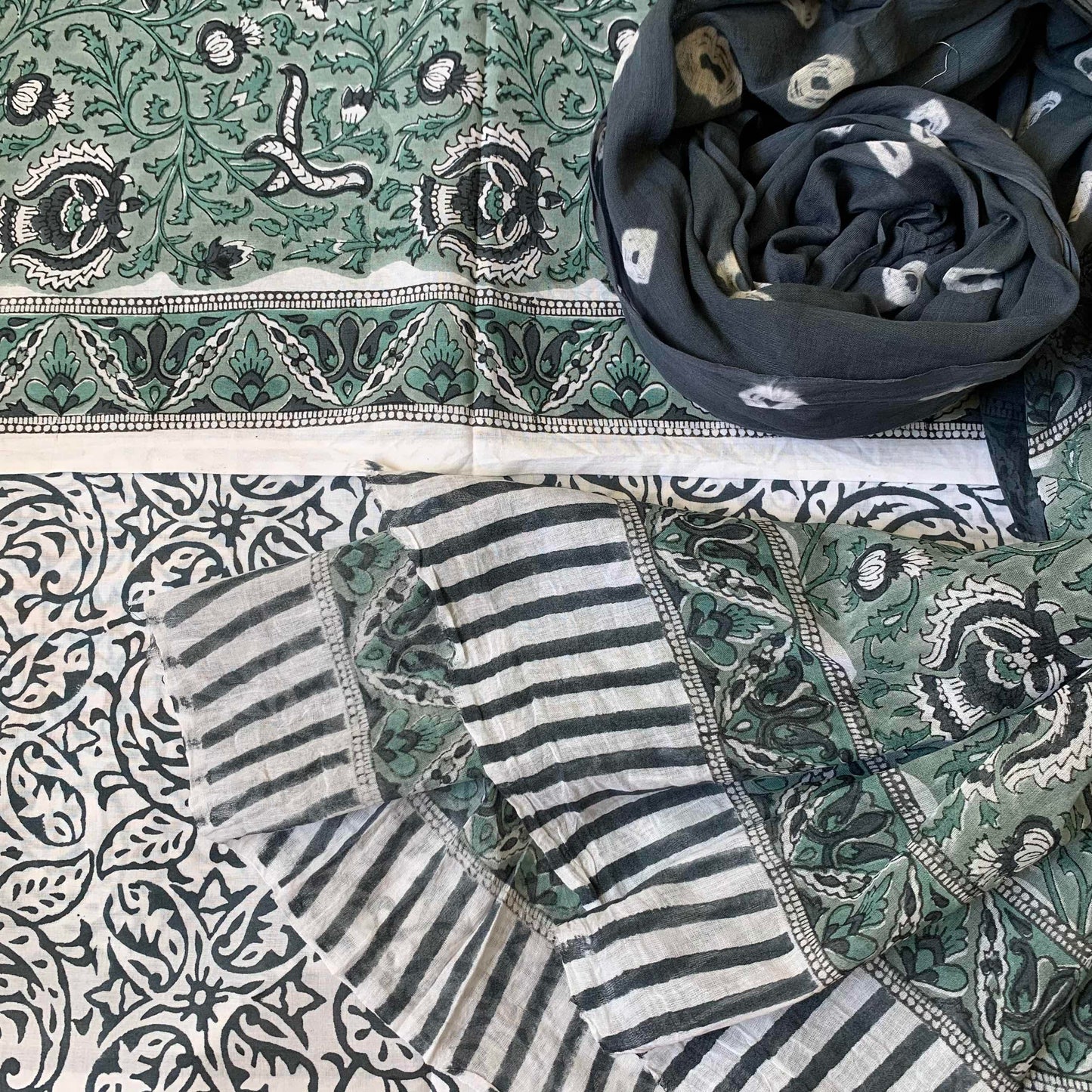 Grey with Green , salwar suit Material