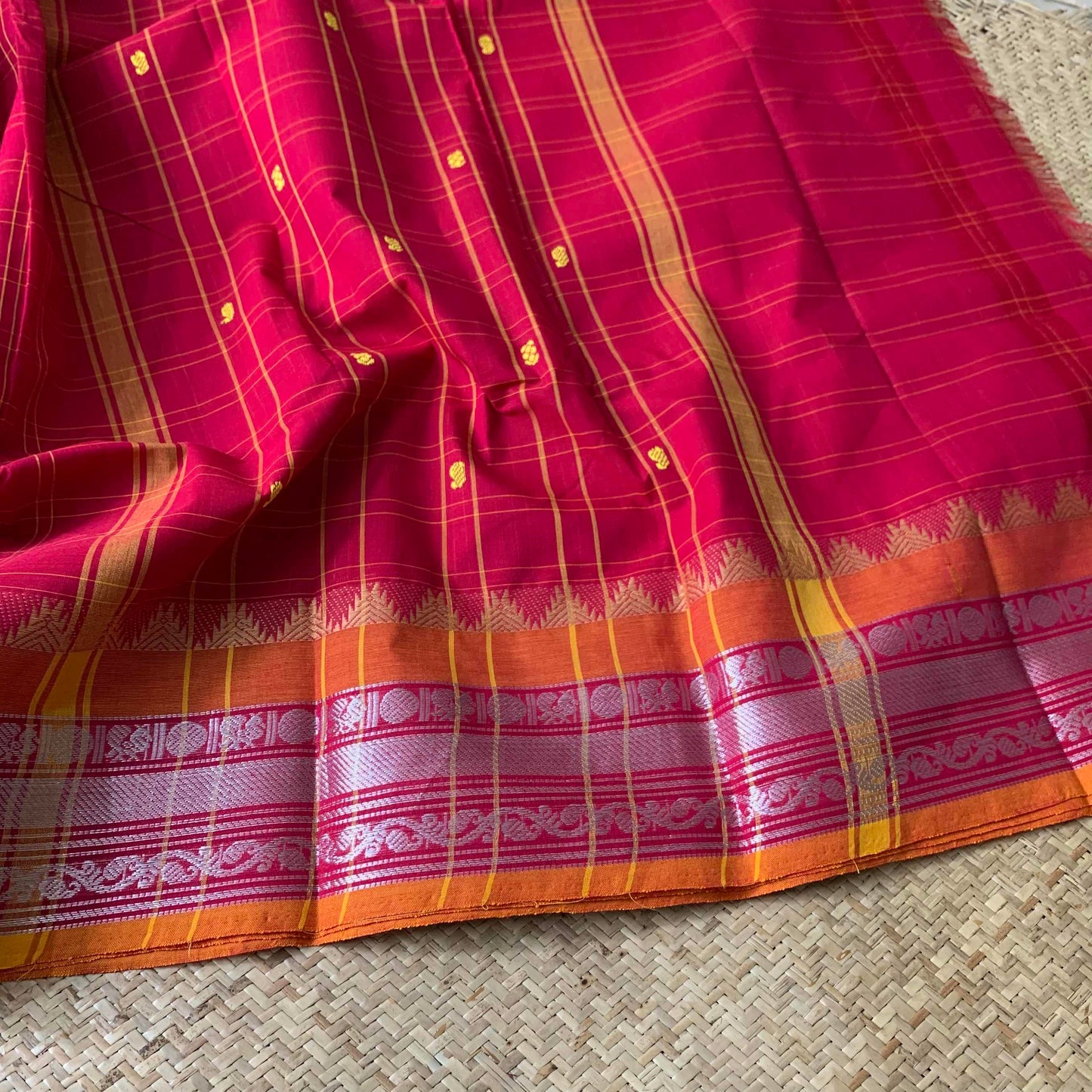 Chettinad Cotton Saree, Pink Checked Saree with Orange Silver Zari Border