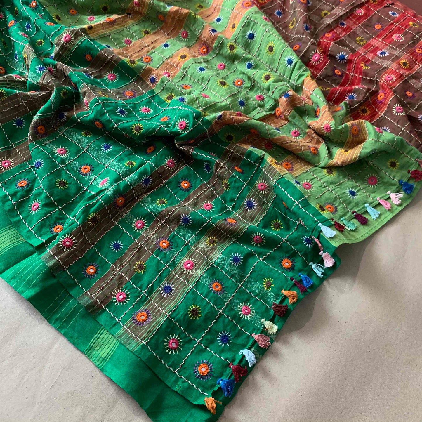 Green saree with multi colour thread Lambamdi embroidery