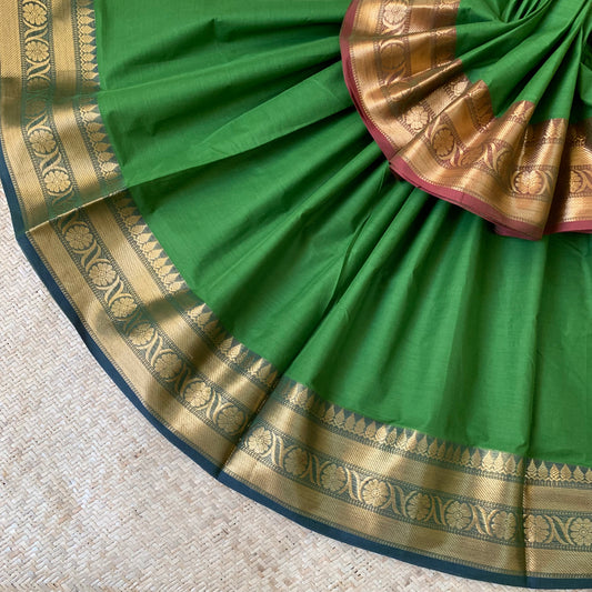 Chettinad Cotton Saree, Double Tone Green with Ganga Jamuna Border