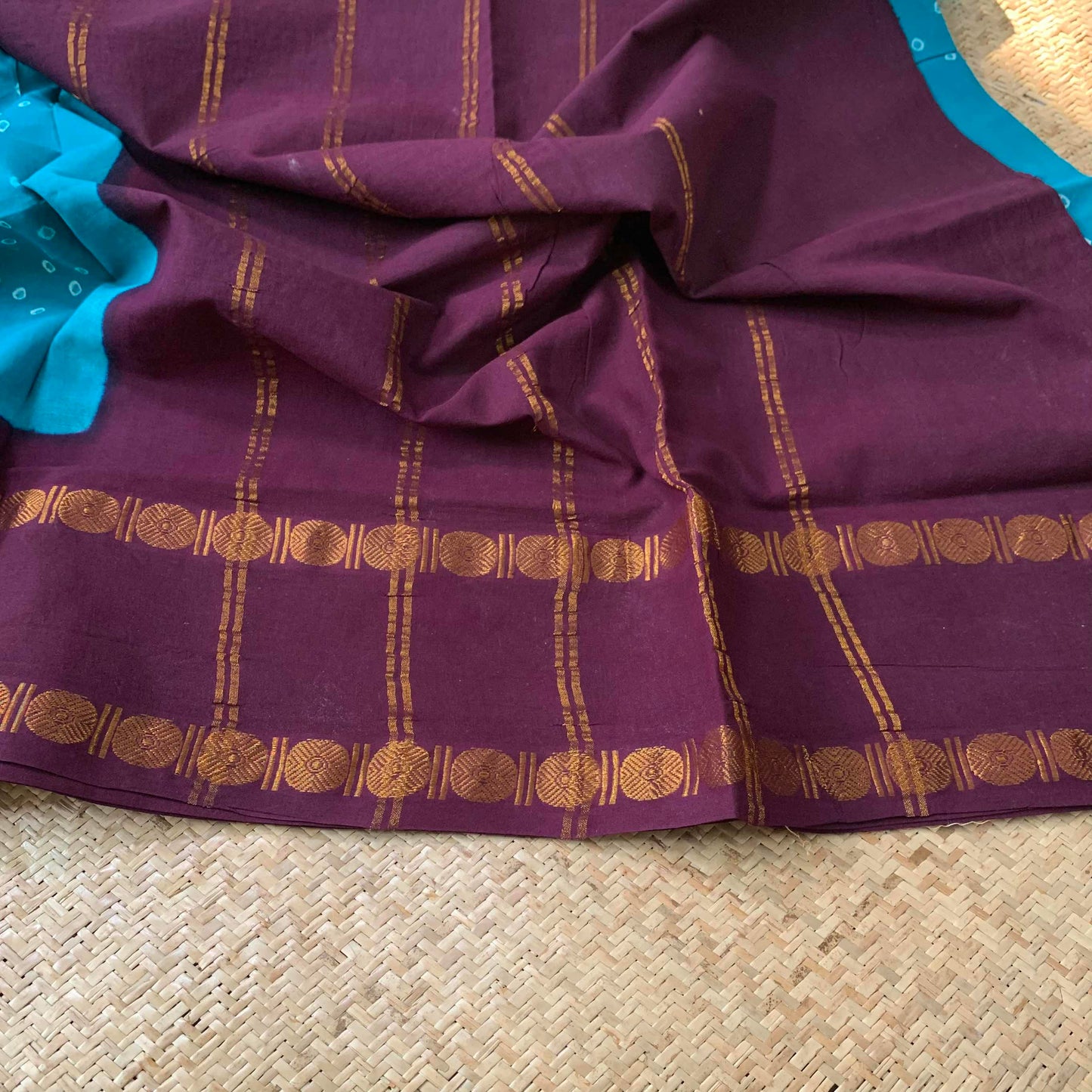 Blue Saree Brown Border, Hand knotted Sungudi On a Rudraksham Border Cotton saree, Kaikattu Sungadi