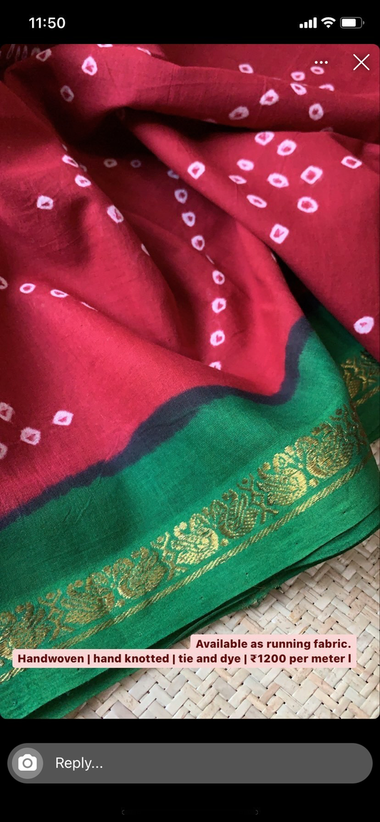 Red with Green , Hand Knotted Sungudi, blouse fabric