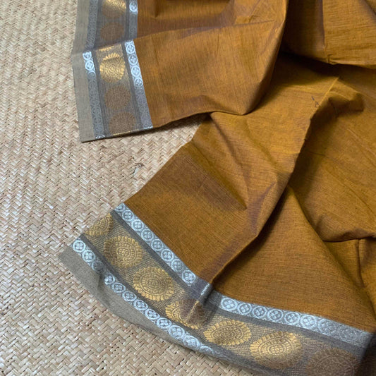 Chettinad Cotton Saree, Brown Double Tone Saree with Grey Zari Border