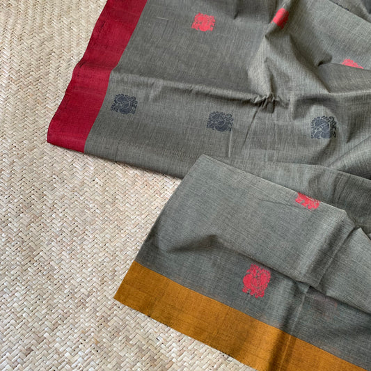 Kanchipuram Cotton Saree, Handwoven Grey Saree with Ganga Jamuna Border and Mayil Chakkaram Design