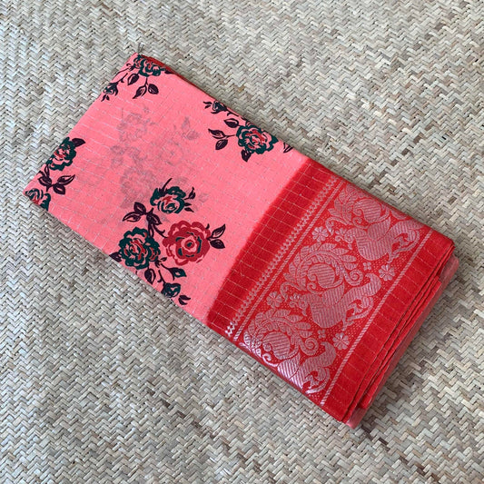 Zari silver Kattam block print, Pink with Red