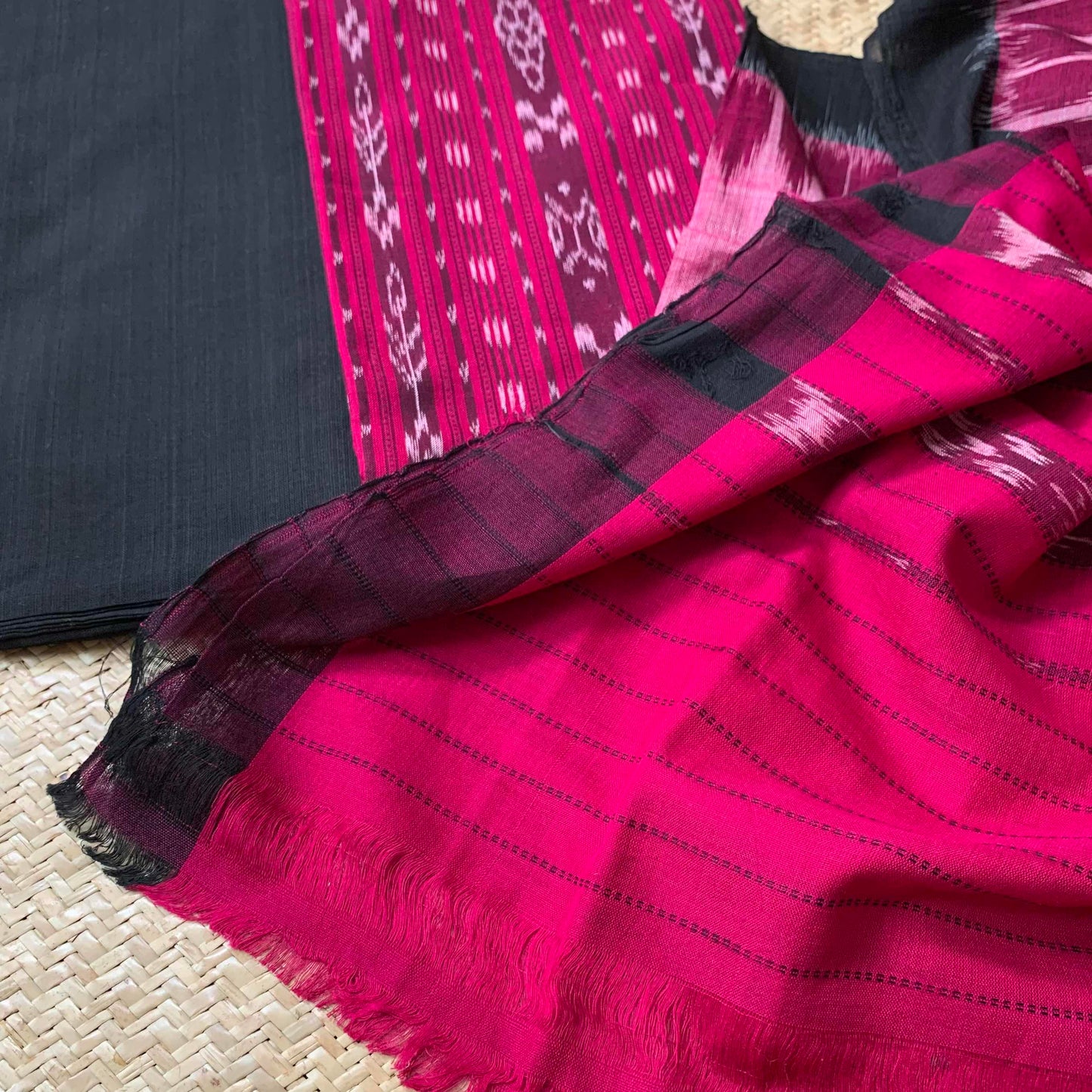 Magenta Pink With Black Handwoven Sambalpuri Ikkat Cotton Salwar Suite Material