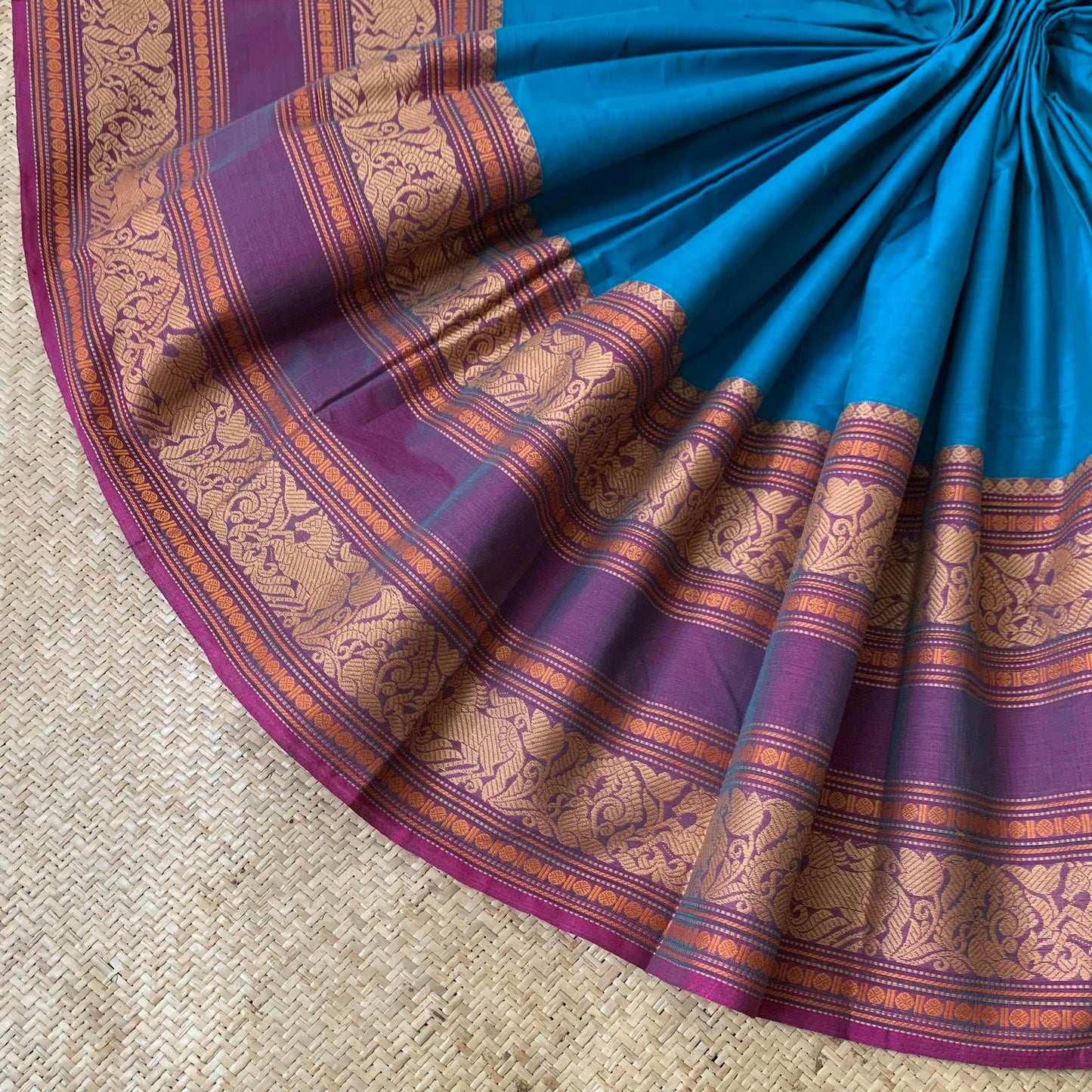 Chettinad Cotton Saree, Blue Saree with Purple Long Border