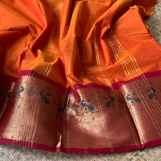 Orange Double Tone Saree With Maroon Mayil Border, Chettinad