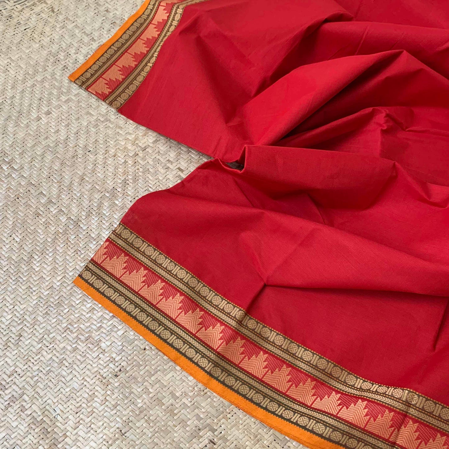 Red with Orange Temple Thread Border , Chettinadu Cotton Saree