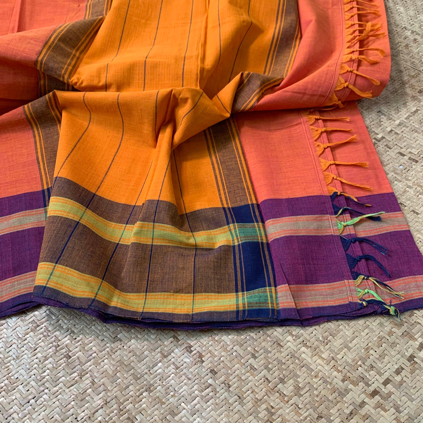 Orange with Purple, Hand Woven Daily Use Cotton Saree