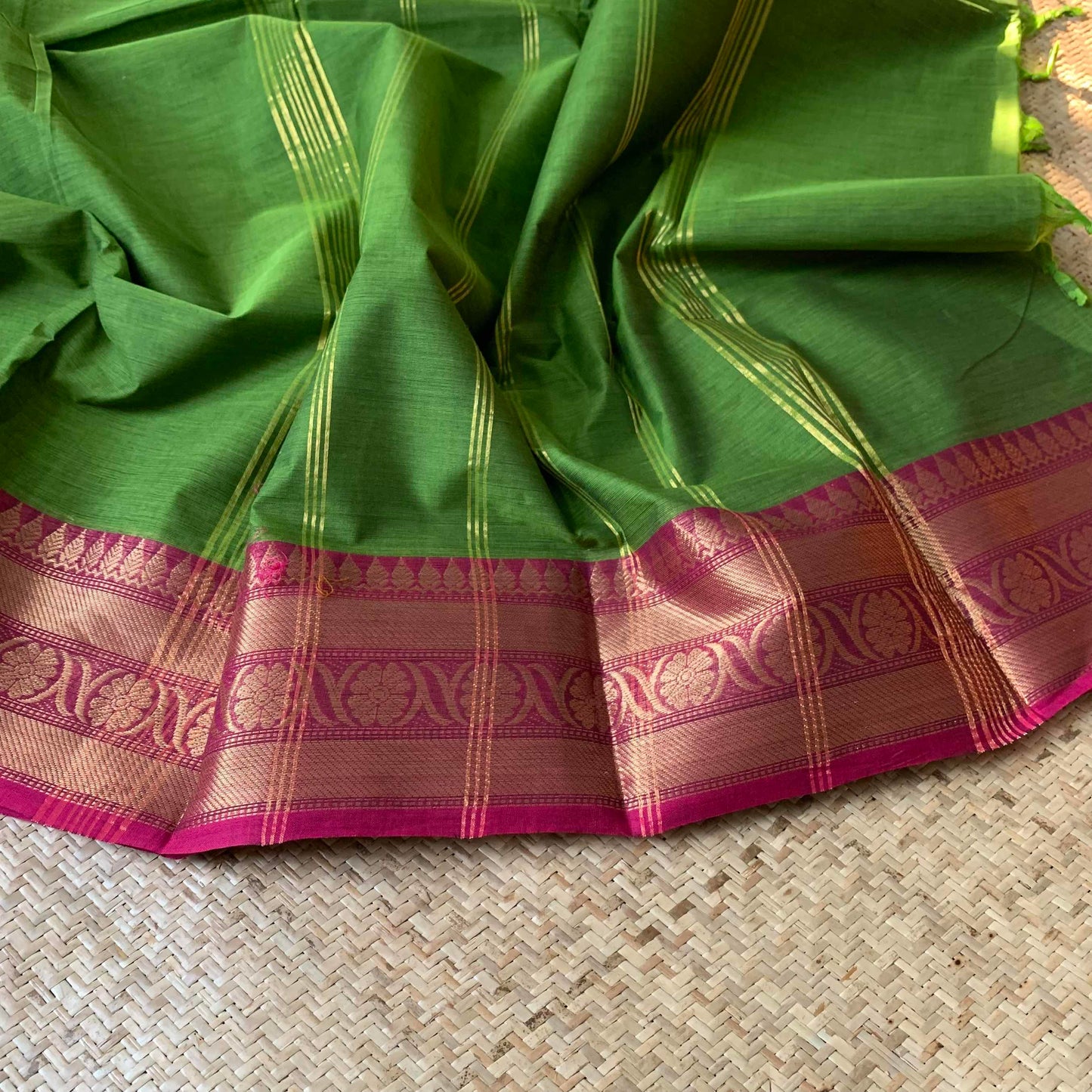 Green Double Tone Saree With Blue Ganga Jamuna Border, Chettinad cotton saree