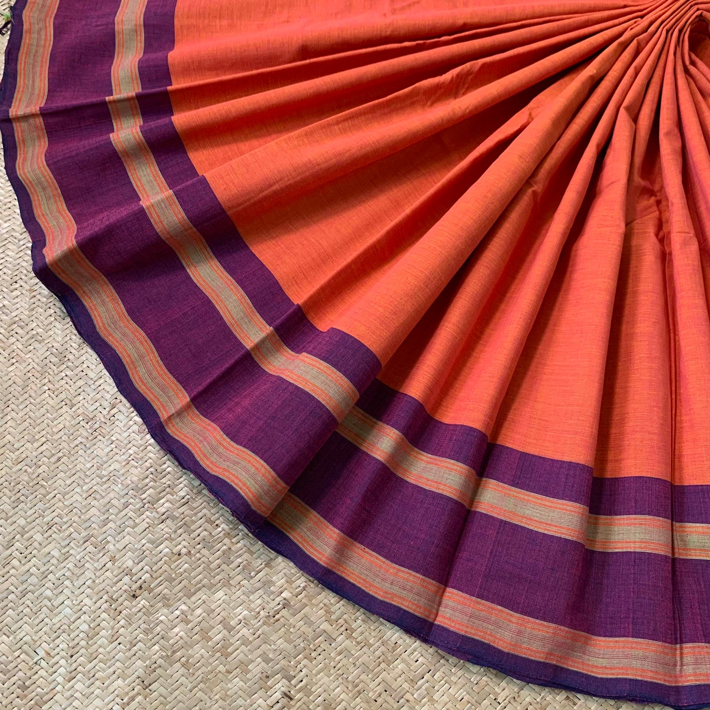 Orange with Purple, Hand Woven Daily Use Cotton Saree