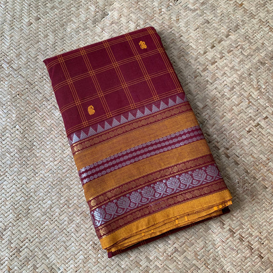 Chettinad Cotton Saree, Brown Checked Saree with Mustard Silver Zari Border