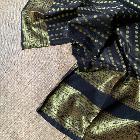 Kanchipuram Cotton Saree, Black Saree with Rettai Pettu Border with Rudraksha Butta