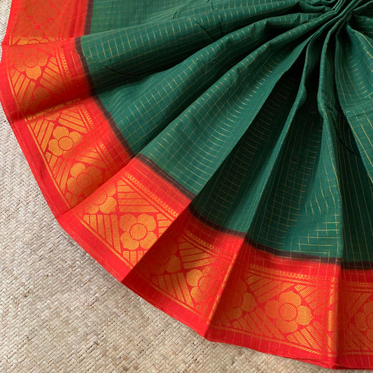 Bottle Green Saree With Red Border, Madurai Kattam, Sungudi Cotton Saree