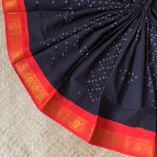 Black Saree With Red Border, Hand knotted Sungudi Cotton saree, Kaikattu Sungadi