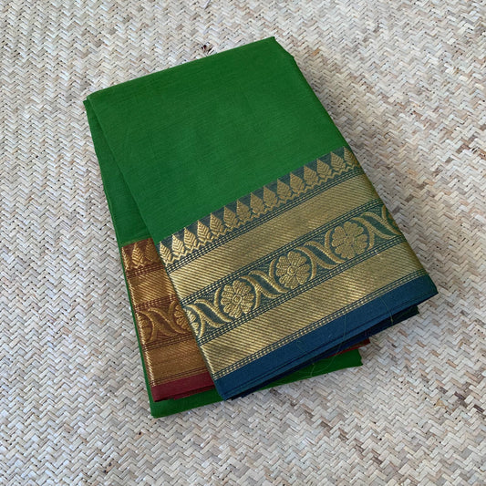 Chettinad Cotton Saree, Double Tone Green with Ganga Jamuna Border