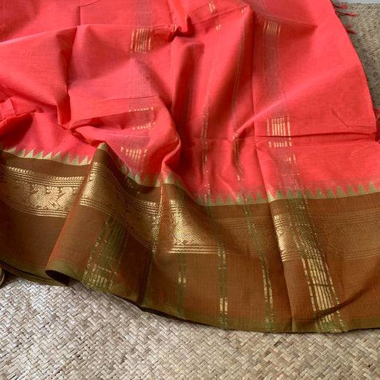 Chettinad Cotton Saree, Pink Double Tone Saree with Olive Green Ganga Jamuna Border