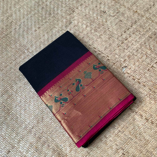 Chettinad Cotton Saree, Black Saree with Pink Mayil Border