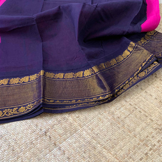 Pink Saree With Navy Blue Border Zari Getti Pettu Zari Border, Clamp dyed (Kattu sayam).