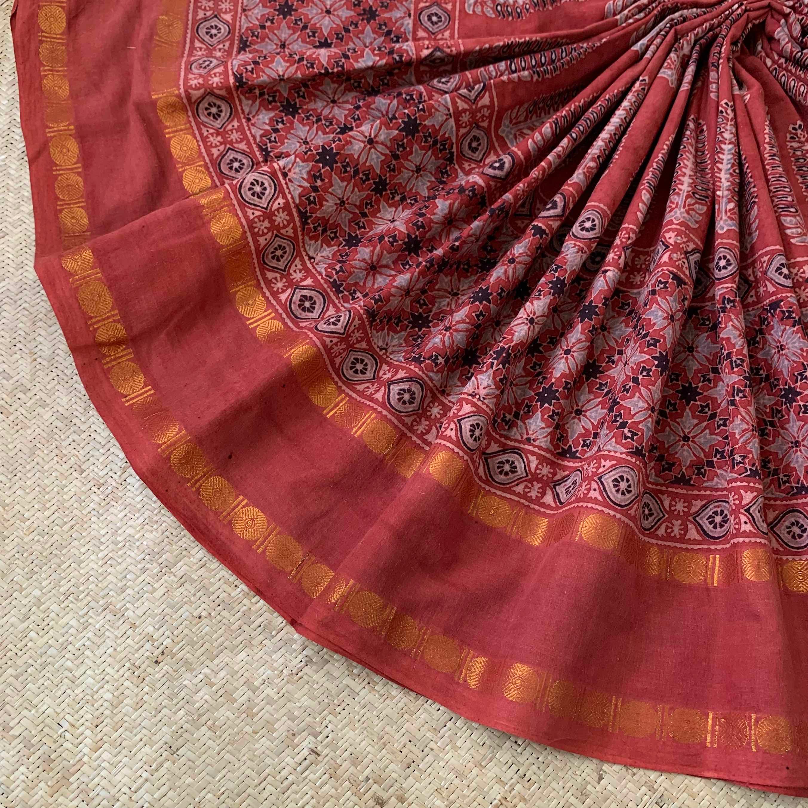 Ajrak Hand Block Print On Madurai Cotton saree – villvam