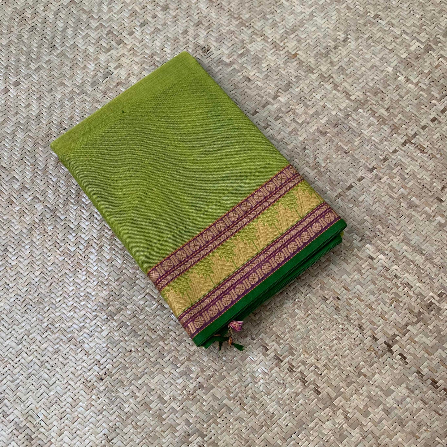 Chettinad Cotton Saree, Lime Green Saree with Green Temple Thread Border