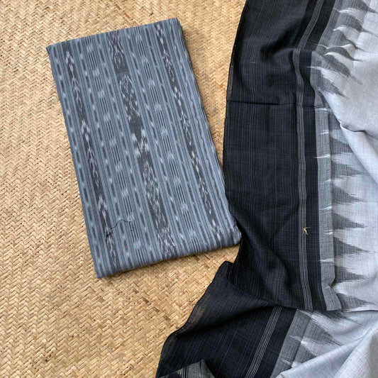 Grey With Black Handwoven Sambalpuri Ikkat Cotton Salwar Suite Material