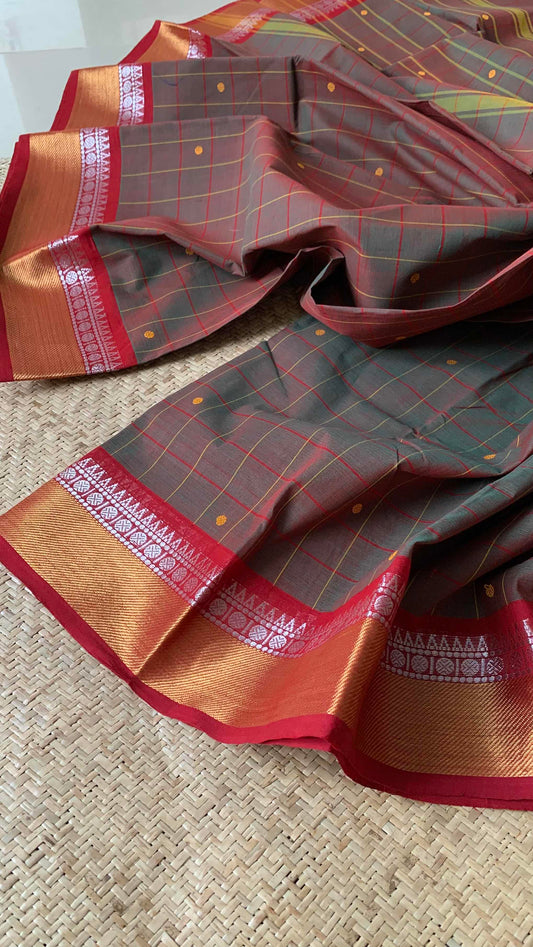 Chettinad Cotton Saree, Manthulir Green Checks Saree with Maroon Zari Border