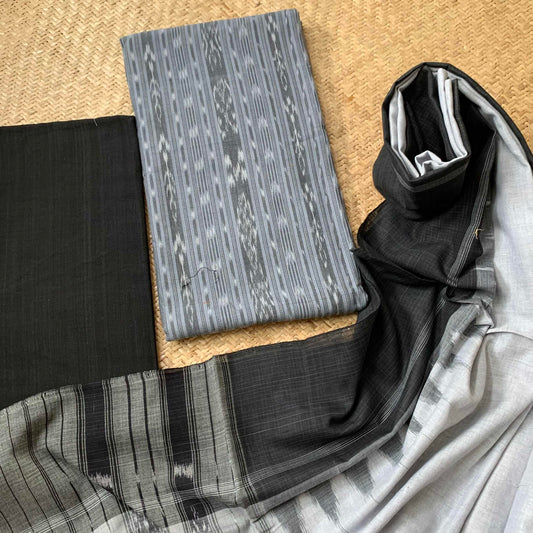 Grey With Black Handwoven Sambalpuri Ikkat Cotton Salwar Suite Material