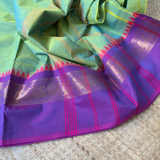 Chettinad Cotton Saree, Double Tone Green Saree with Ganga Jamuna Border