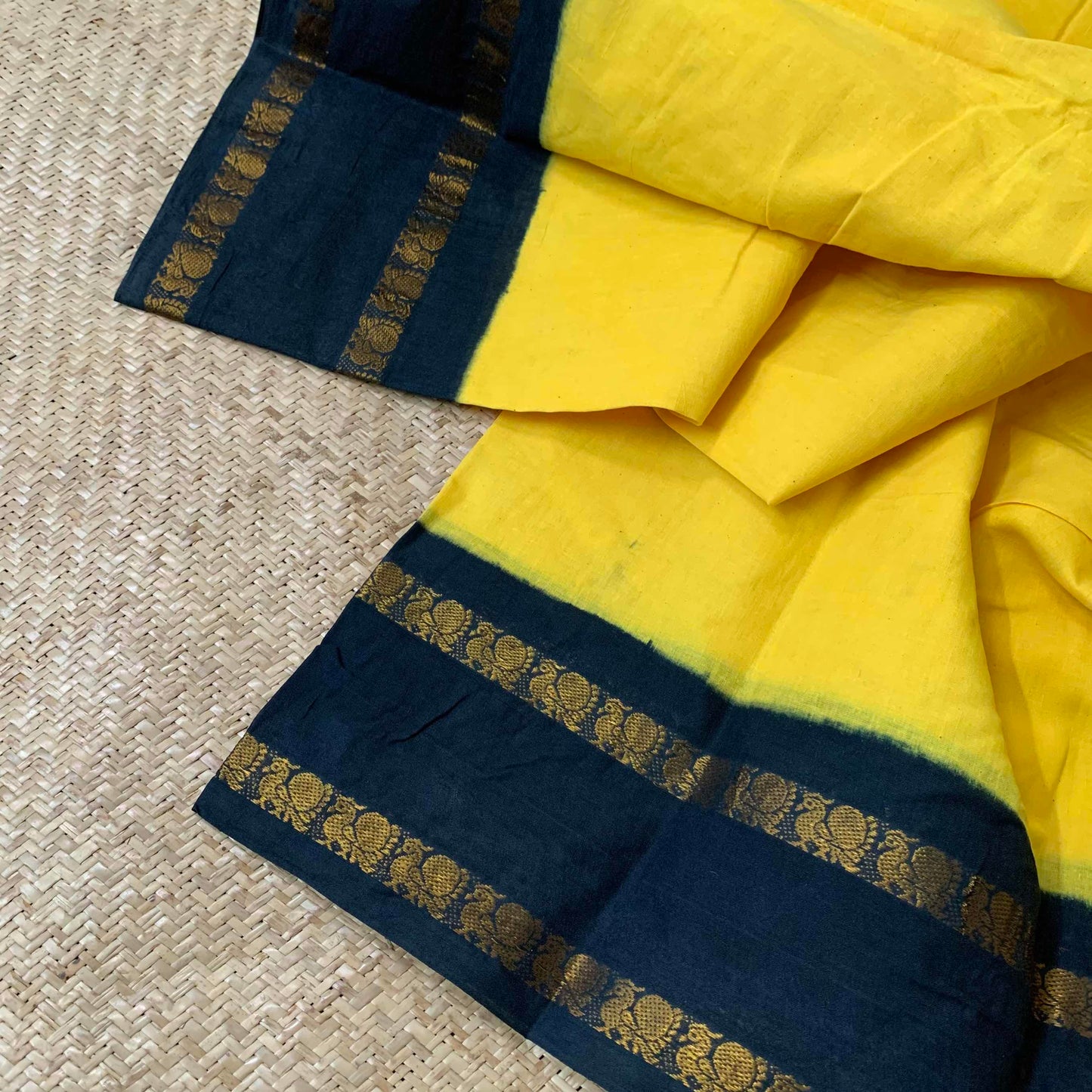 Yellow Saree With Black Border, Zari Annam Rettai Pettu Border , Clamp dyed (Kattu sayam).
