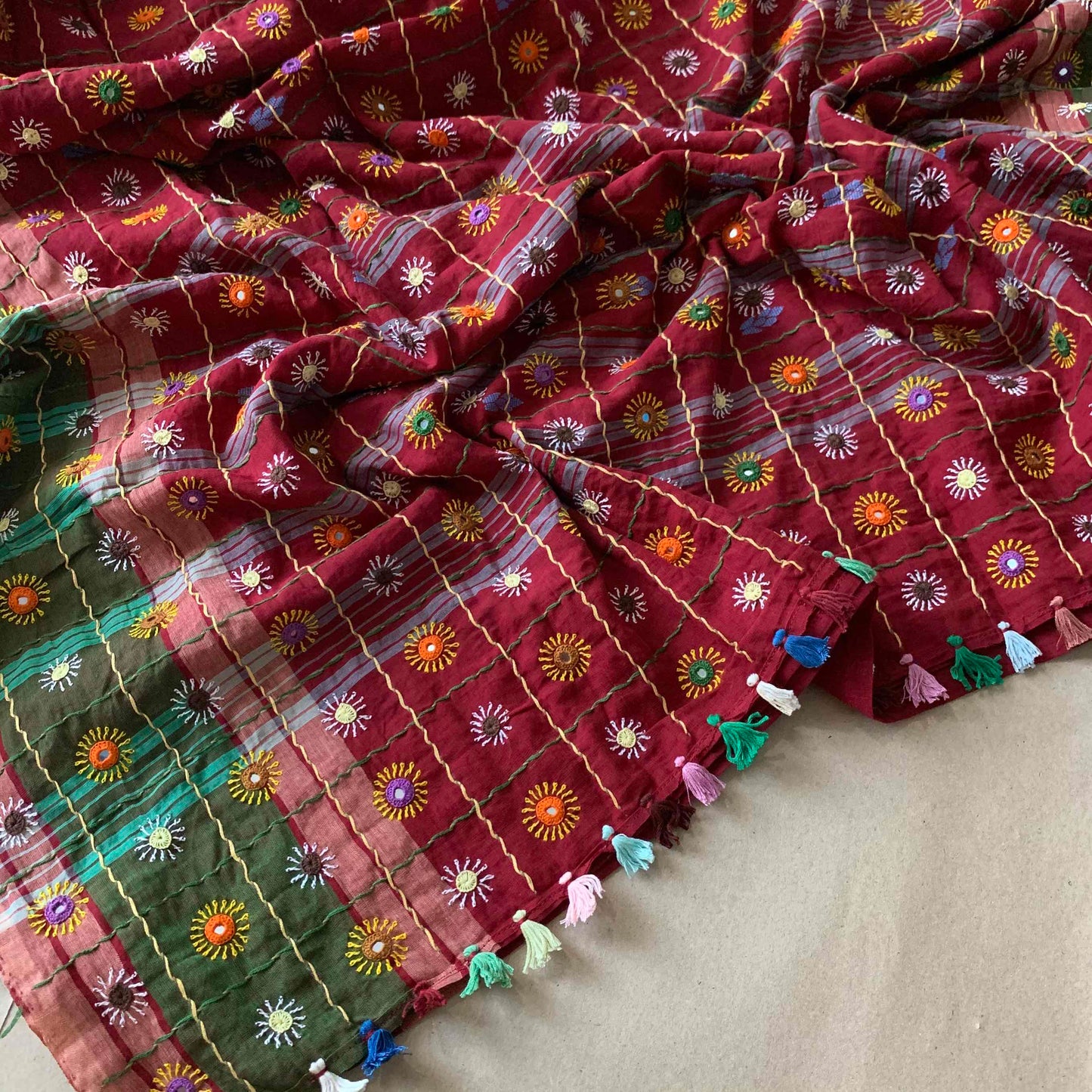 Maroon saree with multi colour thread Lambamdi embroidery