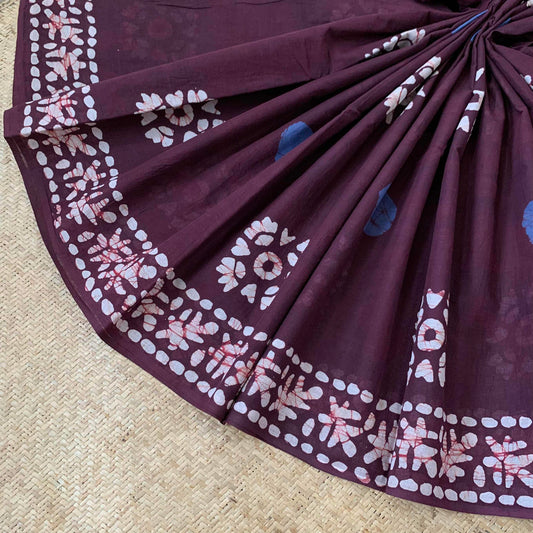 Mul Mul Cotton saree, Block Printed Maroon