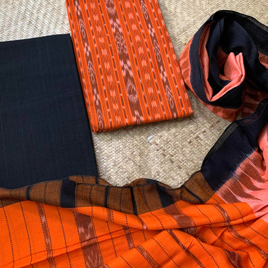 Orange With Black Handwoven Sambalpuri Ikkat Cotton Salwar Suite Material