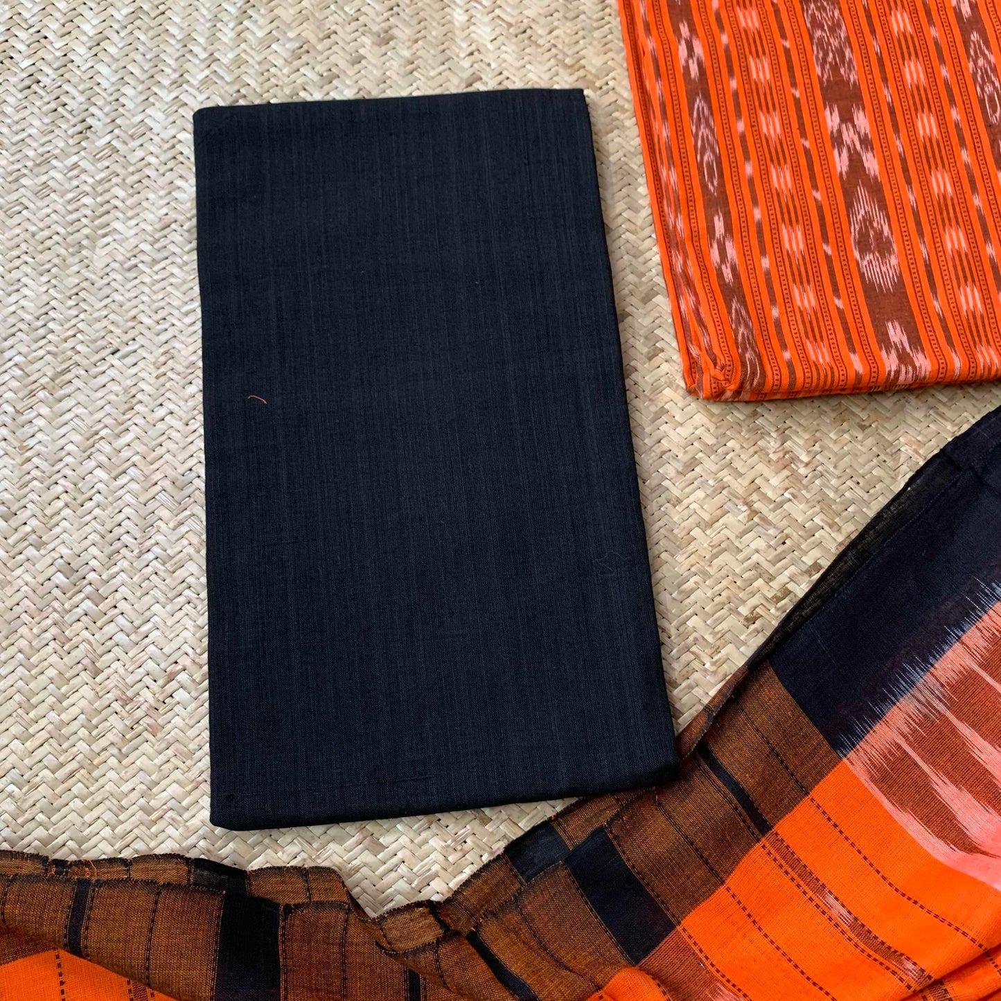 Orange With Black Handwoven Sambalpuri Ikkat Cotton Salwar Suite Material