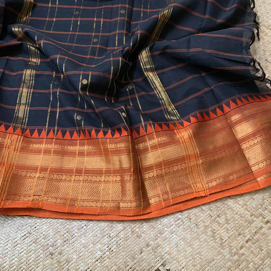 Chettinad Cotton Saree, Black Checked Saree with Rust Orange Border