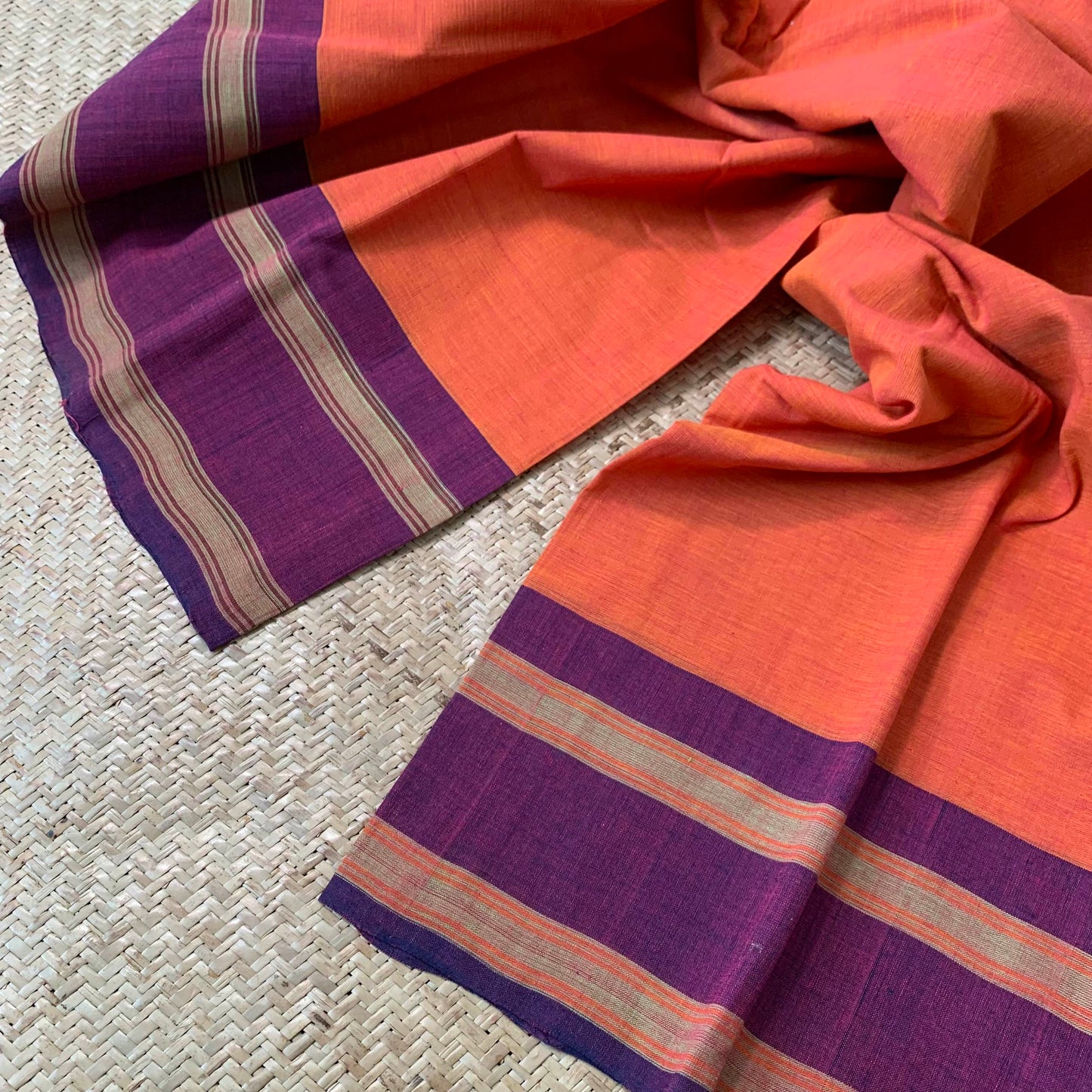 Orange with Purple, Hand Woven Daily Use Cotton Saree