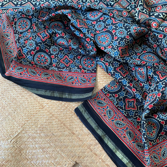 Black Chanderi Saree, Ajrak Printed