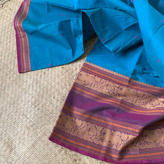 Chettinad Cotton Saree, Blue Saree with Purple Long Border