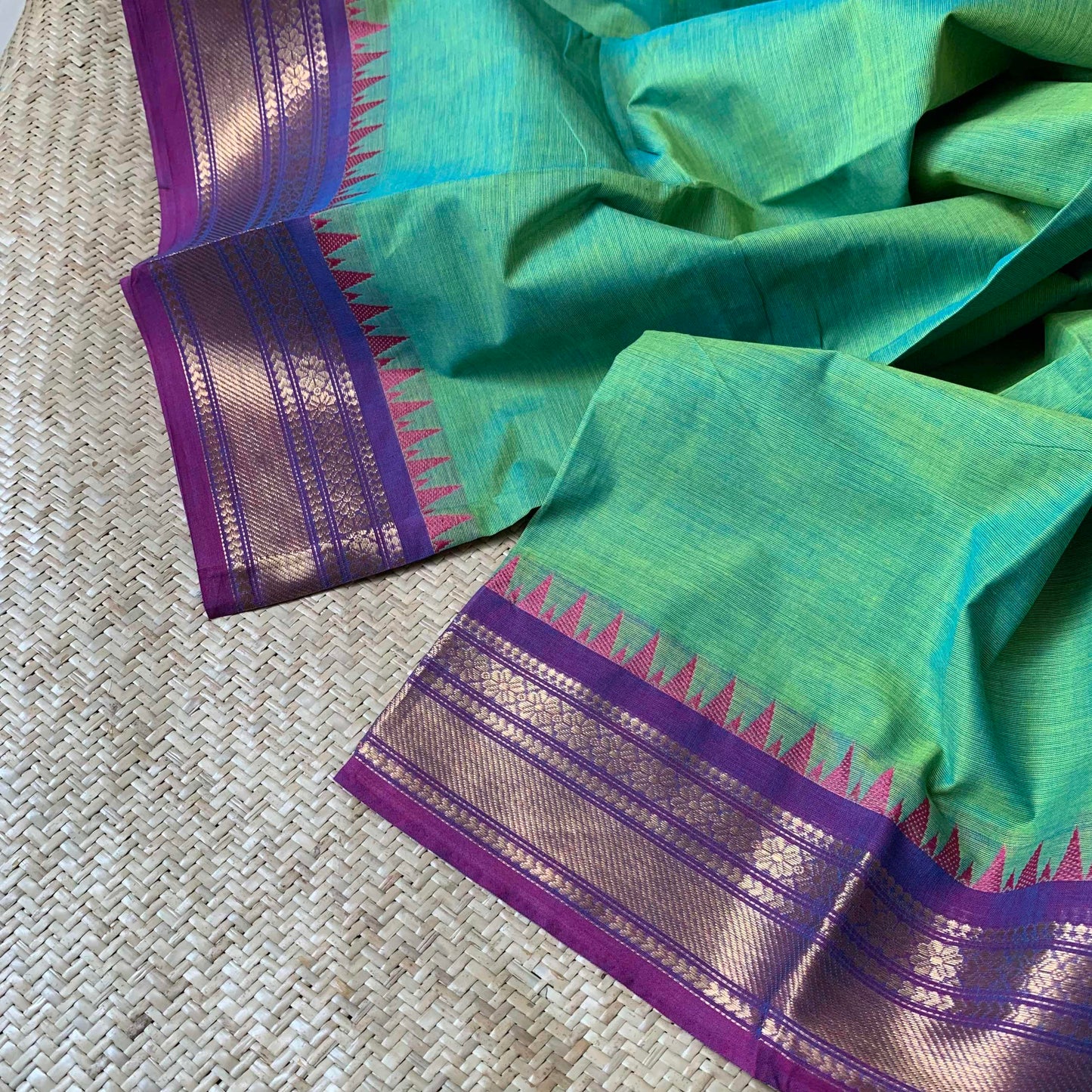 Aqua Green Double Tone Saree With Purple Border, Chettinad cotton saree