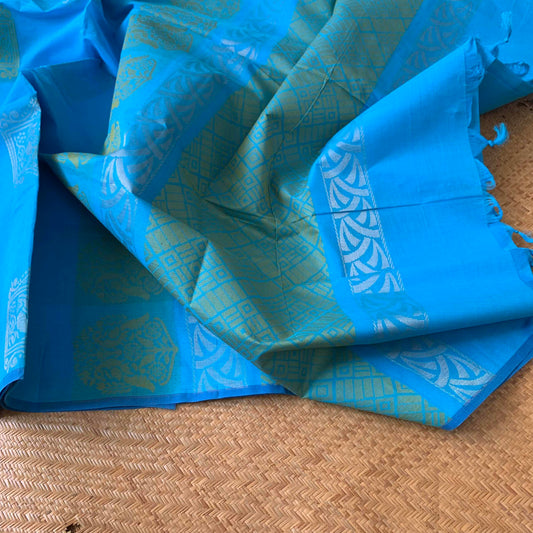 Coimbatore cotton with big motifs, Sky blue