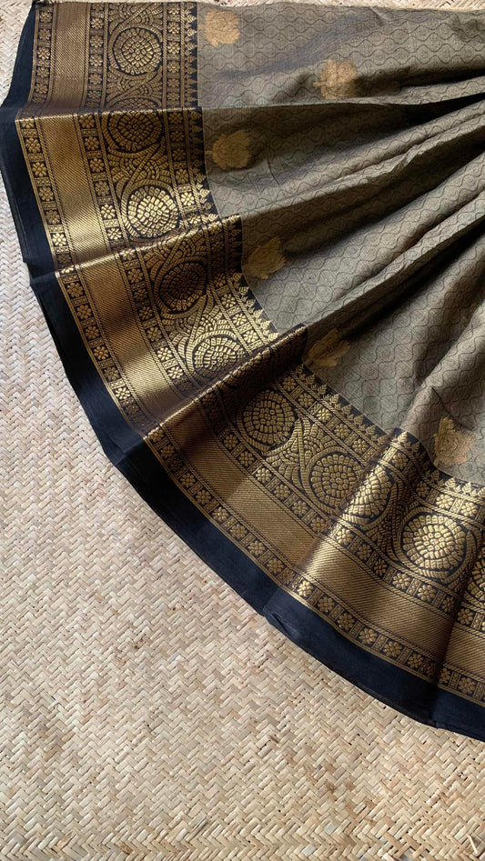 Kanchipuram Cotton Saree, Grey Jacard Saree with Black Border