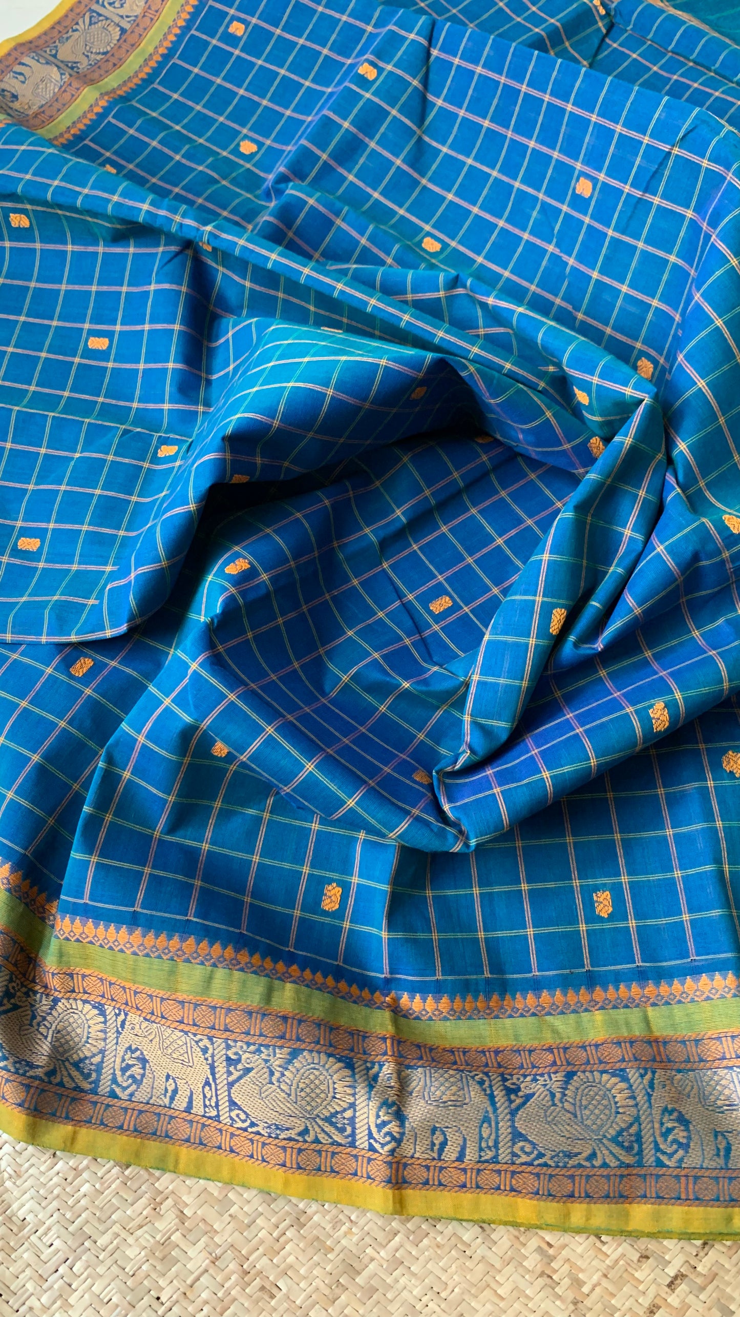 Chettinad Cotton, Peacock blue saree with Green Border