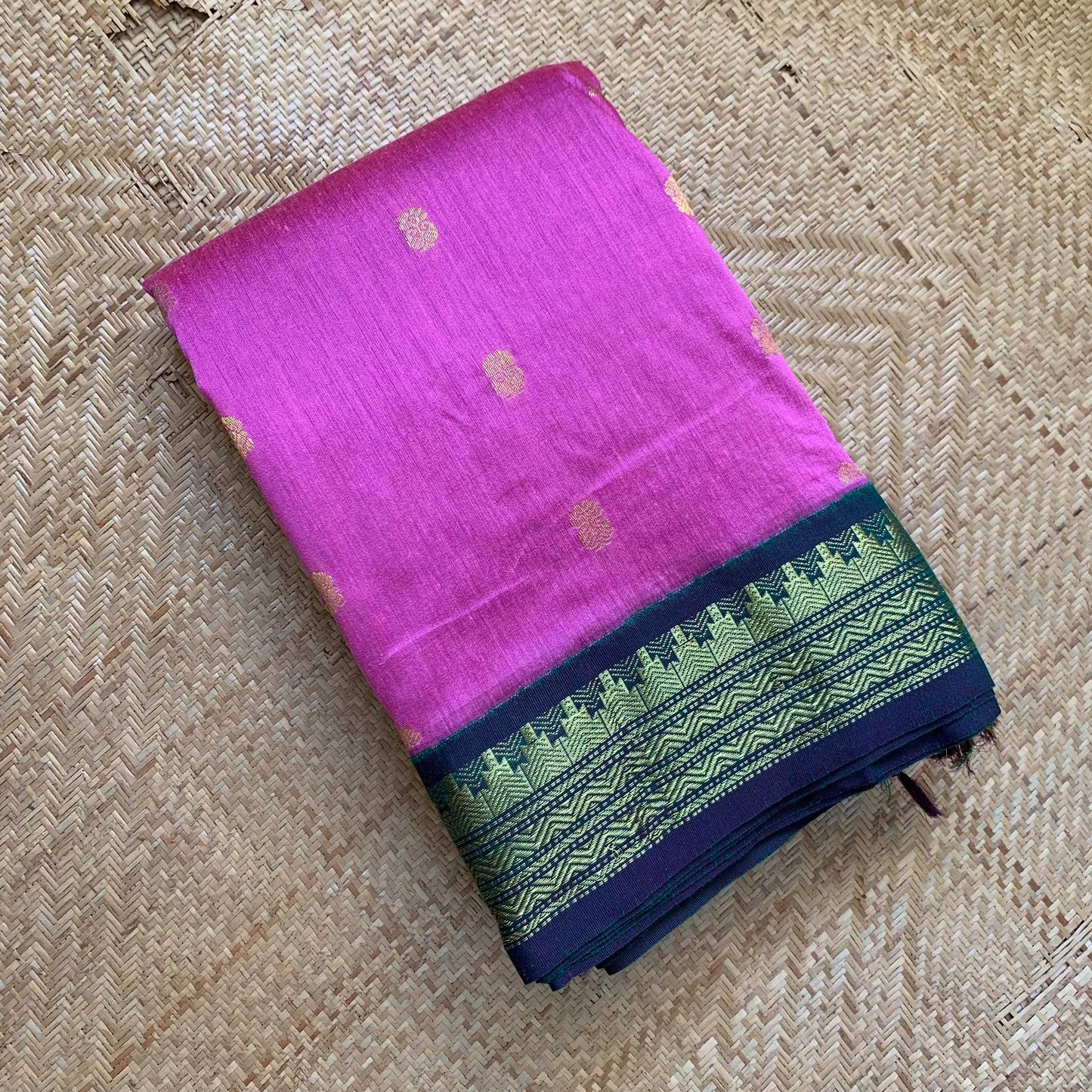 Pink Kalyani Silk Cotton Saree With Green Border And Pallu