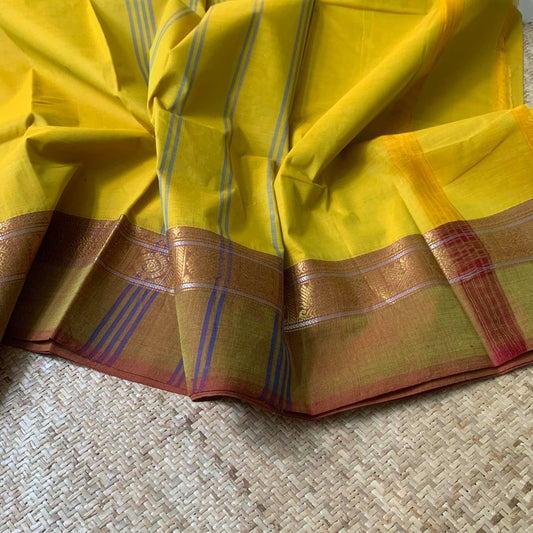 Chettinad Cotton Saree, Yellow Double Tone Saree With Brown Zari Border